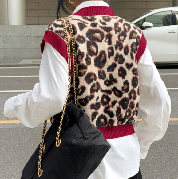 Women Casual Leopard Pattern Contrast Trim Loose Knit Sweater Vest - Picture 3 of 5